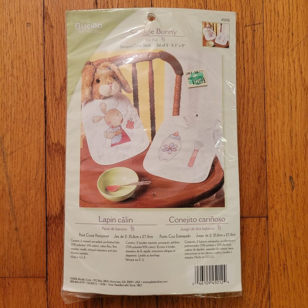Bucilla SNUGGLE BUNNY Bib Set‎ of 2 Stamped Cross Stitch Kit Gift